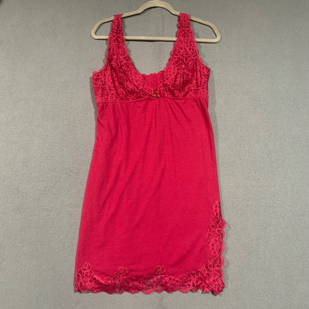 Pajamagram Red Lace Trim Chemise Nightgown V-Neck Heart Charm Sleep Dress Lg‎